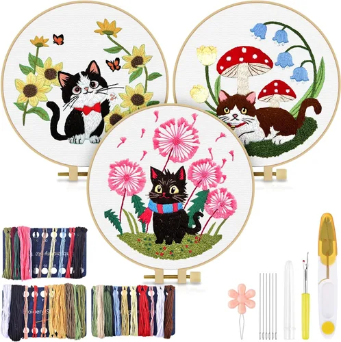 Miniatura 10 de TINDTOP Kit de bordado para adulto, paquete de 3 piezas de bordado para bricolaje, con patrones estampados, aro, herramientas, hilos coloridos