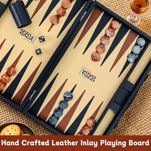 Miniatura 4 de Juego de backgammon de 15 pulgadas para adultos, de fibra de carbono de alta calidad, de piel sintética, plegable, juego de mesa clásico de viaje