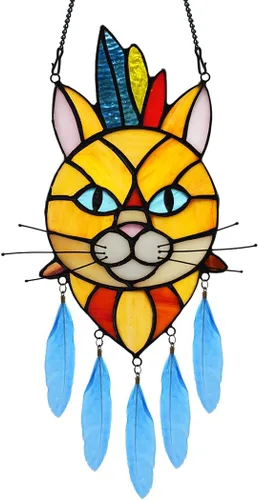 Miniatura 11 de BOXCASA Atrapasoles de Vidrio Emplomado Hecho a Mano de Gato Gris en Luna - Colgante Decorativo para Ventana para Amantes de los Gatos, Día