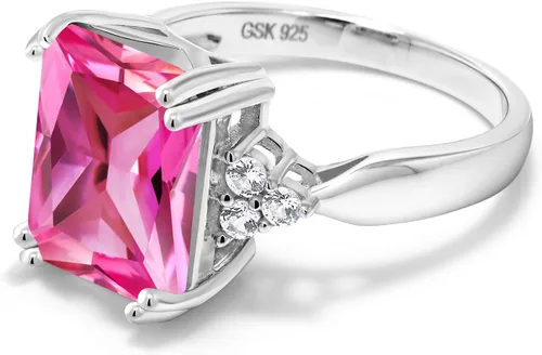 Miniatura 54 de Gem Stone King Anillo de compromiso con piedra natal de 5-10 quilates para mujer, plata de ley 925, corte esmeralda de 0.47 x 0.394 pulgadas, anillo