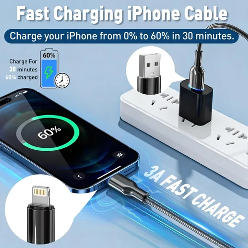 Miniatura 6 de Cable de carga para iPhone de 6 pies con certificación MFi para gatos y perros, cable Lightning trenzado de metal con carga rápida 3A, compatible