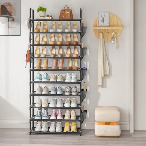 Miniatura 8 de Zapatero Alto de 10 Niveles Organizador de Zapatos de 10 Niveles para Armario, Estante de Zapatos de Metal con Almacenamiento, Torre de Zapatero