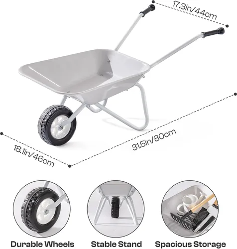 Miniatura 8 de ROBOTIME Carretilla para niños con juego de jardinería – Carretilla de metal para niños pequeños, juguete de juego al aire libre con herramientas