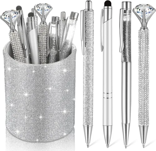 Miniatura 8 de Sabary 8 bolígrafos negros con soporte para bolígrafo para escritorio, con purpurina, diamantes de cristal, bonito soporte para lápices, organizador