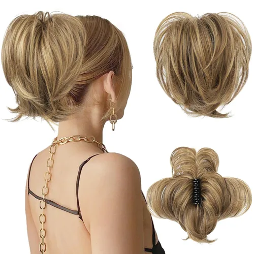 Miniatura 10 de HOOJIH - Pieza de cabello con moño desordenado, clip de garra en moño de cabello liso de 9 pulgadas, extensión de cola de caballo corta con alambre