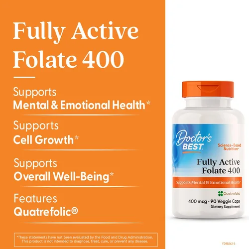 Miniatura 3 de Doctor's Best Folato totalmente activo con Quatrefolic400 mcg, estado de ánimo saludable, memoria, circulación, bienestar, 90 VC