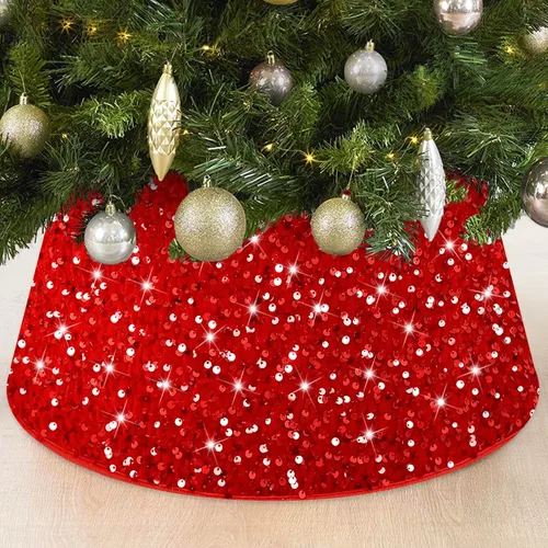 Miniatura 9 de FOTSHARER Collar dorado para árbol de Navidad de 23.6 pulgadas, falda de árbol de Navidad con lentejuelas, anillo de árbol con purpurina para otoño