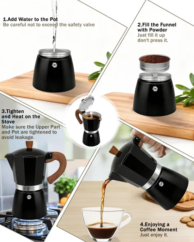 Miniatura 9 de Cafetera de café para estufa, cafetera de expreso de 3 tazas, olla de moka de aluminio, percolador de 5 oz 150 ml, fácil de preparar para estufas
