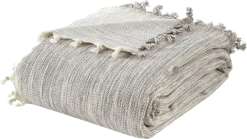 Miniatura 3 de Manta hecha a mano de algodón puro gris jaspeado con flecos en todo el alrededor, manta suave y ligera para sofá y mecedora