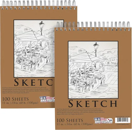 U.S. Art Supply Cuaderno de bocetos encuadernado en espiral superior de 11 x 14 pulgadas, paquete de 2, 100 hojas cada una, 60 libras (100 gsm), sin