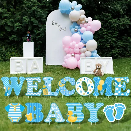 Miniatura 6 de 13 piezas de señalización de patio para fiesta de bebé "bienvenida bebé" con estacas, señal de césped de niña o niño de 15 pulgadas de altura, Azul