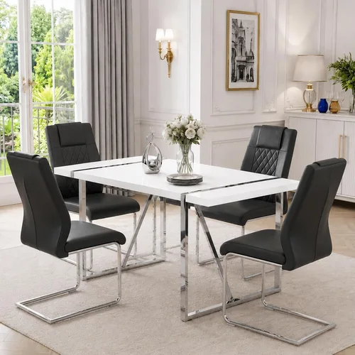 Miniatura 17 de Juego de mesa de comedor moderna de 55 pulgadas para 4, mesa de comedor negra y marco de metal dorado, mesa de comedor rectangular con 4 sillas