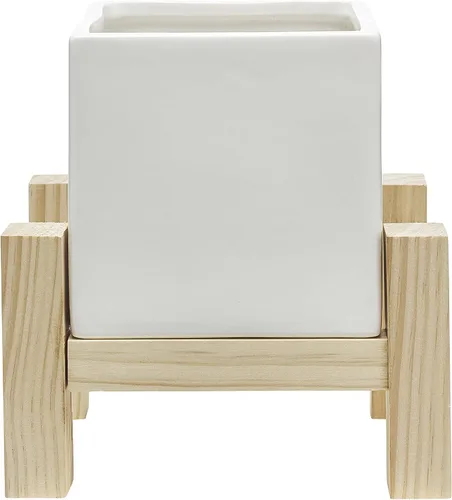 Miniatura 2 de Southern Patio Hemingway - Maceta cuadrada de cerámica para interiores con soporte de madera, color blanco