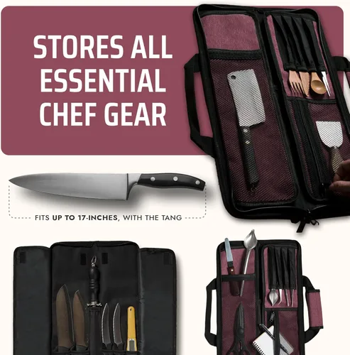 Miniatura 4 de Bolsa enrollable para cuchillos de chef Asaya - 12 bolsillos para cuchillos y utensilios de cocina - Nylon ligero, duradero y resistente a manchas