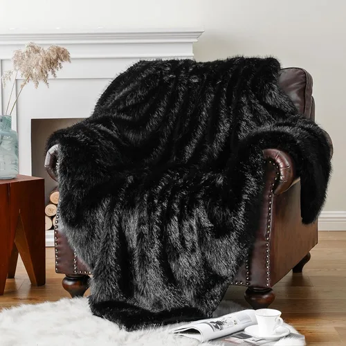 Miniatura 4 de BATTILO HOME Manta de Tiro de Piel Sintética Negra Mullida y Lujosa, Manta Negra para Sofá, Sillón, Silla, Cama, Mantas de Piel Mullida, Suave