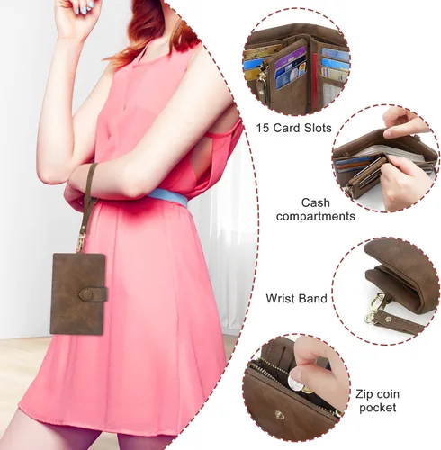 Miniatura 2 de Billeteras con bloqueo RFID para mujer, de gran capacidad, de cuero suave, cartera pequeña con correa para la muñeca, Marrón, Casual