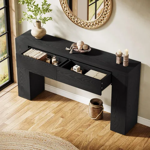Miniatura 3 de Tribesigns Mesa consola de madera de 63 pulgadas con 2 cajones ocultos, mesa de sofá marrón rústico de granja para sala de estar, pasillo, entrada