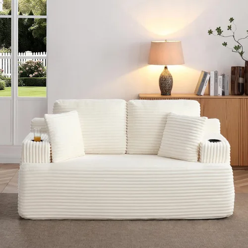 Sofá sin hueso de 66.5 pulgadas con portavasos y bolsillos laterales, sofá biplaza tapizado de tela de pana moderna con 2 almohadas para sala de