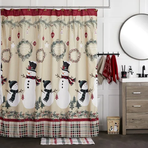 Miniatura 3 de SKL Home Cortina de ducha de Navidad/invierno de cuadros rústicos con muñeco de nieve, multicolor