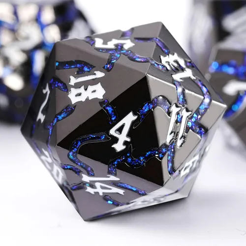 Miniatura 19 de Dados de metal para DND – Ruinas de faraón oro oscuro con grietas moradas – Juego de dados poliédricos para D&D, RPG y más – Bellamente detallados