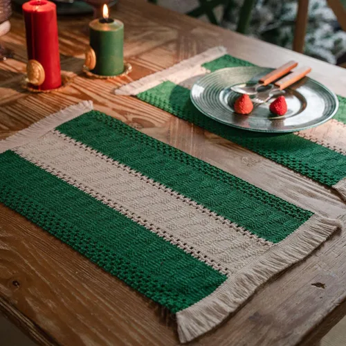 Miniatura 10 de Juego de 4 manteles individuales de mezcla de lino y algodón con borlas, estilo bohemio, macramé, Navidad, Acción de Gracias, rústico, para regalo
