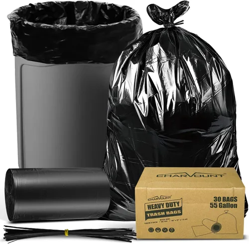 Charmount Bolsas de basura de 55 galones, 1.5 mil-37 x 56 pulgadas con lazos, bolsas de basura negras grandes y resistentes para exteriores, trabajo