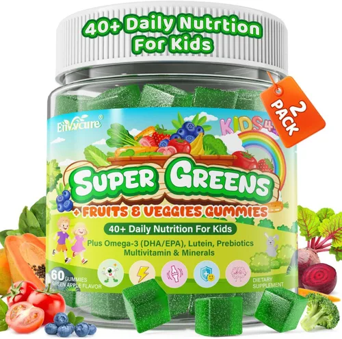 Gomitas Super Greens para niños, con multivitaminas, más de 20 frutas vegetales, prebióticos, calcio, omega-3 (DHA/EPA), gomitas de superalimentos