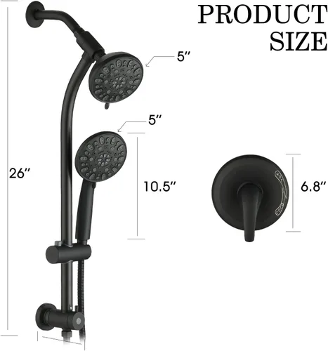 Miniatura 6 de Cabezal de ducha de 2 vías ajustable en altura/ángulo sin taladros de montaje instantáneo/barra deslizante de mano (negro mate)