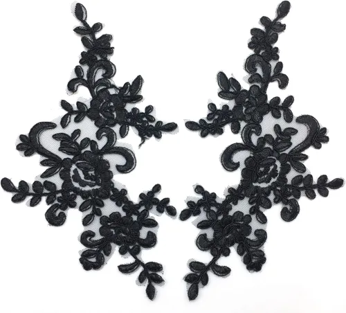Miniatura 2 de PEPPERLONELY 1 par de parches de tela de encaje fino bordados adornos apliques decoración de vestido, negro, 10 x 6 pulgadas