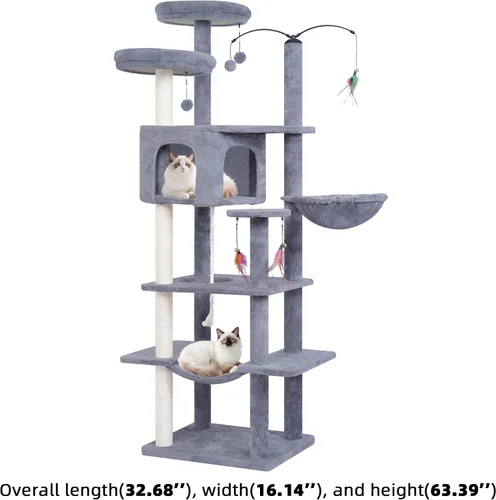 Miniatura 2 de AIWIKIDE Árbol grande para gatos, torre para gatos con condominio de varios niveles, hamacas, juguete giratorio (gris, 63.4 pulgadas)