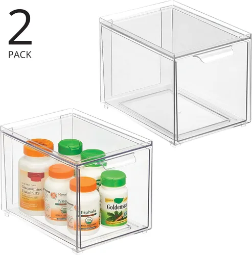 Miniatura 4 de mDesign Contenedor organizador de baño de plástico con cajón extraíble, contenedor de almacenamiento delgado y apilable para accesorios de baño