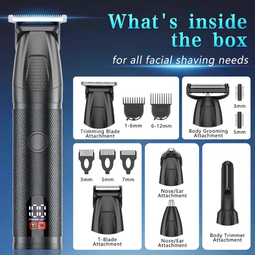 Miniatura 6 de Bomxin Cortadora de barba para hombres, 6 en 1, inalámbrica, impermeable, eléctrica, para bigote, cuerpo y cara, kit de aseo todo en uno