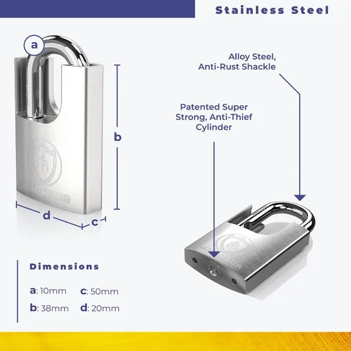 Miniatura 2 de Magmaus SDL/50 [grillete cerrado] Cerradura resistente con 3 llaves - [acero inoxidable] Candado resistente a la intemperie para uso en exteriores