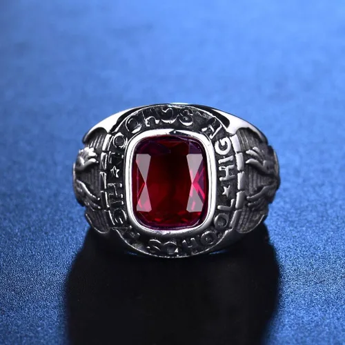 Miniatura 2 de Retro Eagle Red Ruby Color Crystal Anillos de escuela secundaria de acero inoxidable para hombres tono plateado tamaño 8-15