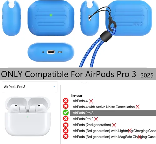 Miniatura 2 de Funda antipérdida para AirPods Pro 3, diseño de una pieza, carga inalámbrica, LED visible, cordón incluido (amarillo fluorescente)