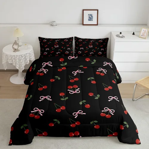 Miniatura 2 de Feelyou Juego de ropa de cama con lazos bonitos y cerezos, tamaño individual, para niños, juego de edredón con lazos de acuarela para niños, niñas