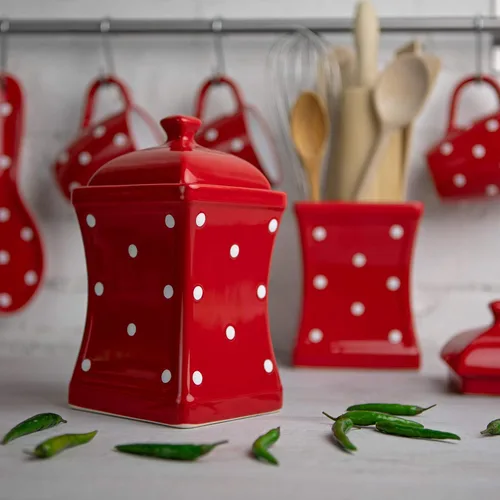 Miniatura 6 de Juego de 10 recipientes de cerámica hechos a mano con lunares rojos y blancos, recipientes grandes y pequeños, mantequilla, tazas de huevo, salero