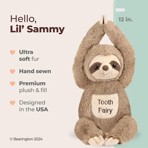 Miniatura 2 de Bearington Lil' Sammy - Animal de peluche de perezoso – Soporte de dientes de hada de 12 pulgadas con piel de felpa suave, brazos largos para colgar