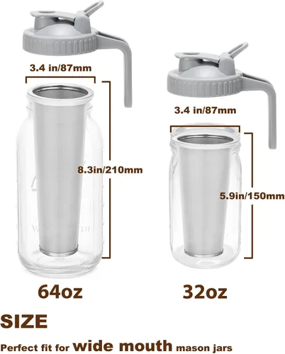 Miniatura 2 de Filtro de café de preparación en frío con tapa de pico vertedor para frasco Mason de boca ancha de 32 oz, colador de acero inoxidable 304 con anillo