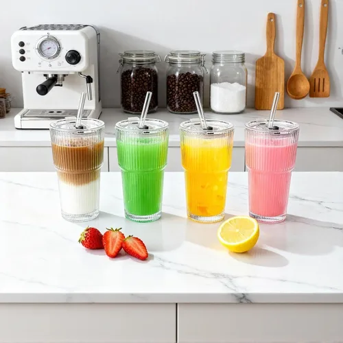 Miniatura 3 de Vaso de vidrio acanalado de 20 onzas, tazas de café helado con tapas y pajitas, vaso grueso reutilizable para llevar, ideal para café, batidos