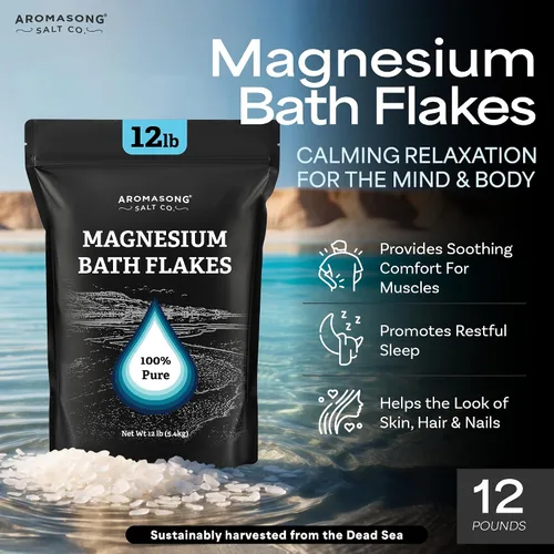 Miniatura 2 de Aromasong Escamas de magnesio del mar Muerto, bolsa negra resellable de 12 libras, sales de baño de cloruro de magnesio relajantes musculares