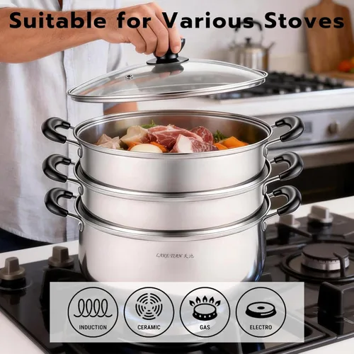 Miniatura 6 de Olla de vapor de acero inoxidable de 3 niveles de 24 cuartos de galón con tapa de vidrio, utensilios de cocina apilables multicapa para tamales
