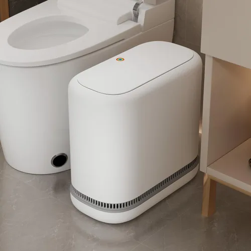 O-MART Basurero de baño con tapa, delgado de 3.2 galones, cesta de basura superior de prensa estrecha para control de olores y a prueba de perros,