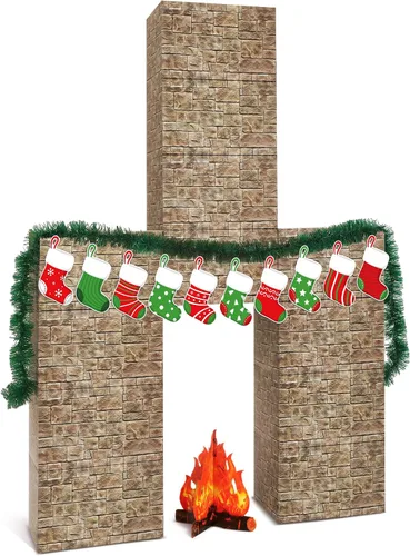 Miniatura 7 de Fullhawl 34 Piezas Chimenea de Cartón 3D de Navidad 39 x 59 Pulgadas Chimenea Artificial DIY de Navidad con Calcetín Accesorio de Llama de Fuego 3D