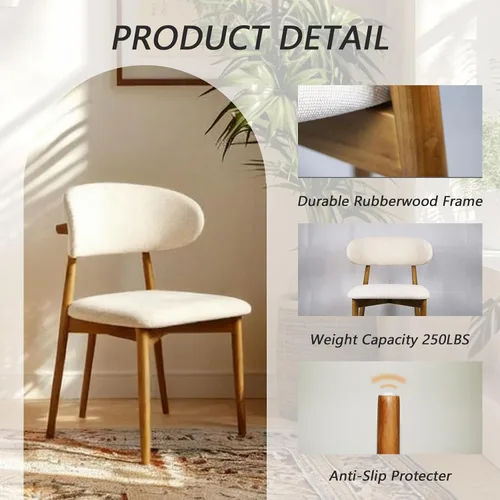 Miniatura 5 de Sillas de comedor tapizadas modernas, asiento de tela beige con patas de madera, sillas auxiliares de cocina contemporáneas, juego de 2