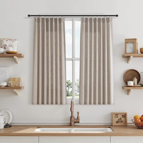 Miniatura 93 de Juego de 2 paneles de cortinas de ventana de cocina beige de 24 pulgadas de largo, con textura de lino, plisadas, filtrantes de luz, semi pequeñas