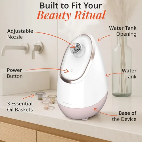 Miniatura 4 de Vanity Planet Aira Vaporizador facial iónico (Oro Rosa) - Limpiador de poros que desintoxica, limpia e hidrata - Boquilla ajustable, tanque de agua