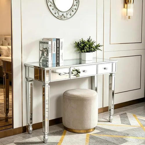 Miniatura 3 de Henf Mesa de consola con espejo, mesa de tocador de maquillaje, mesa de entrada plateada de 3 cajones para mujeres y niñas, entrada, hogar, oficina