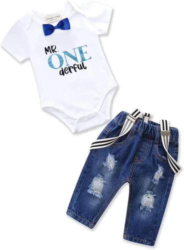 Miniatura 13 de Conjunto de ropa de cumpleaños para bebé niño pequeño, con tirantes, pantalones de mezclilla rasgados