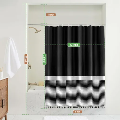 Miniatura 7 de Cortina de regadera negra de Seasonwood con rayas blancas y borlas negras, cortina de baño de poliéster decorativa para spa y hotel, cortinas